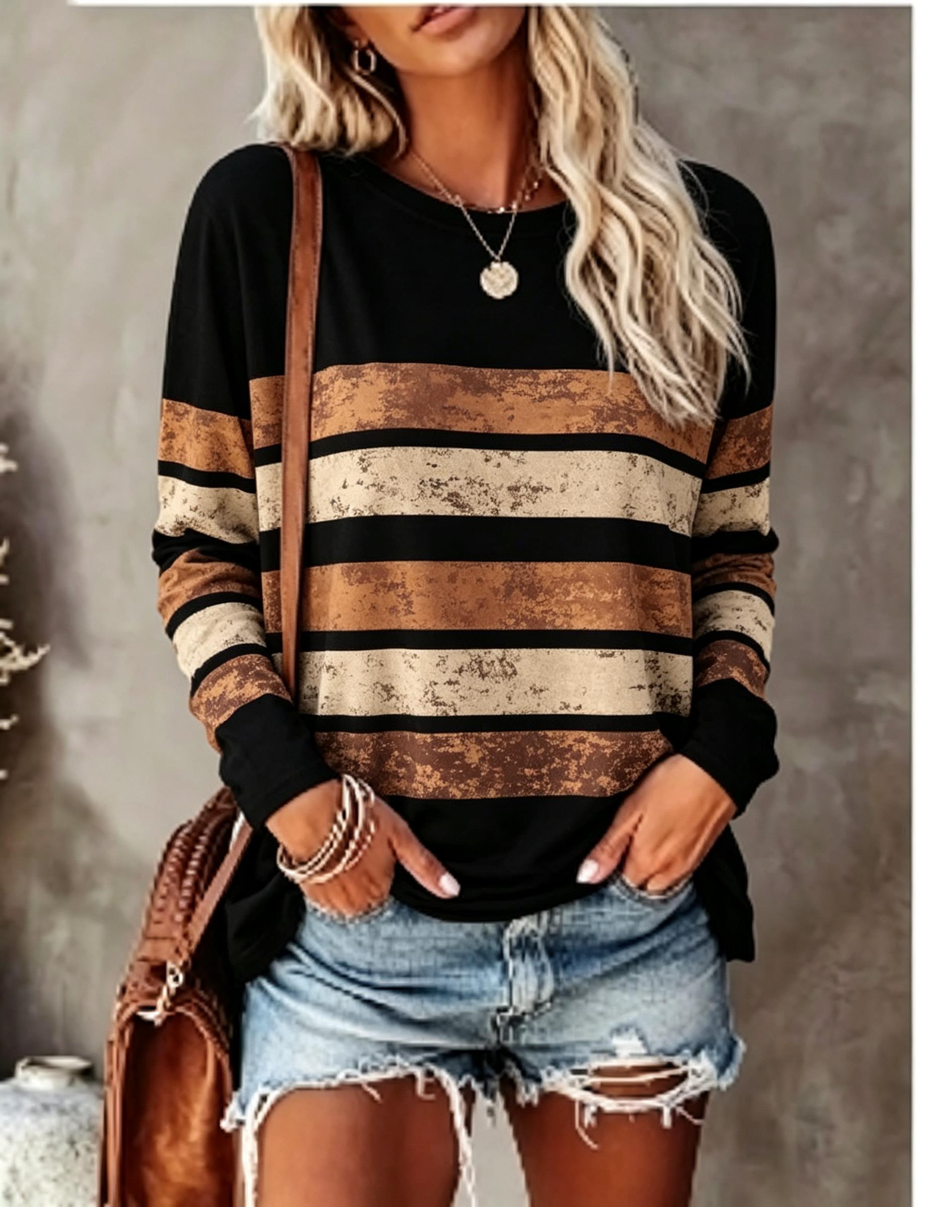 Embellish Knit - Kadın Uzun Kollu Tişört, Vintage Tarzda,